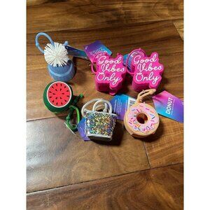 Lot of 6 hand sanitizer cases.  Good vibes, hat, bag, donut, melon